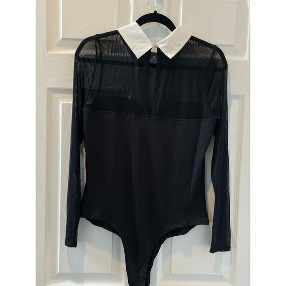 Unique Vintage Black Mesh Bodysuit with White Cuffs and Collar Sz L #61 - Picture 6 of 6